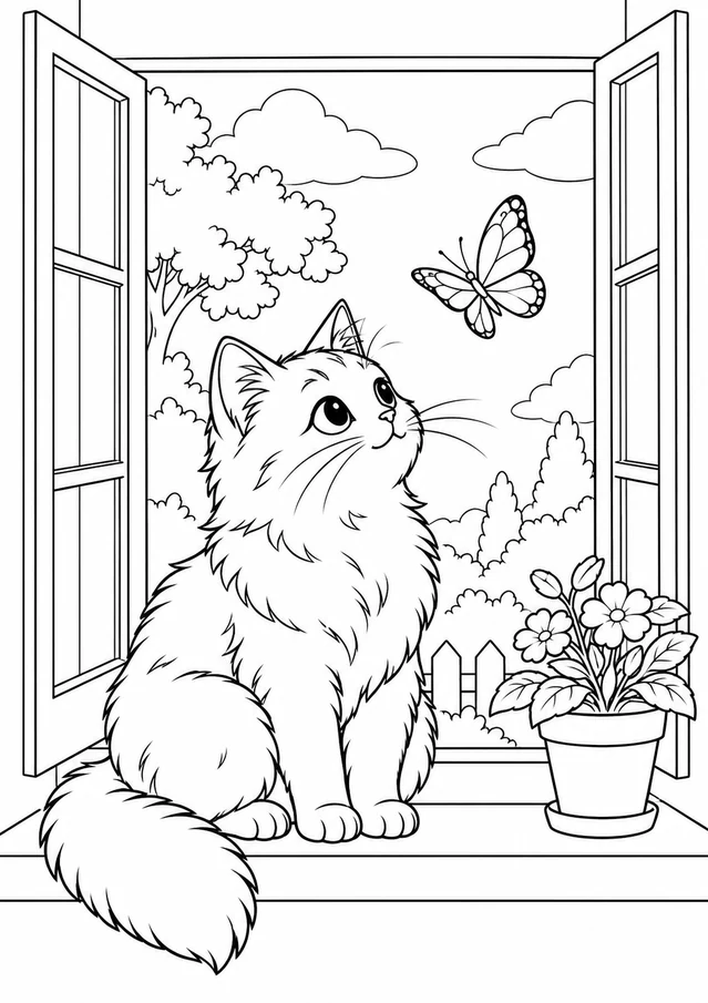 Un chat à la fenêtre : aperçu du coloriage