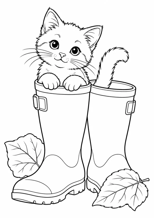 Chat dans les bottes de jardin : dessin en noir et blanc à colorier
