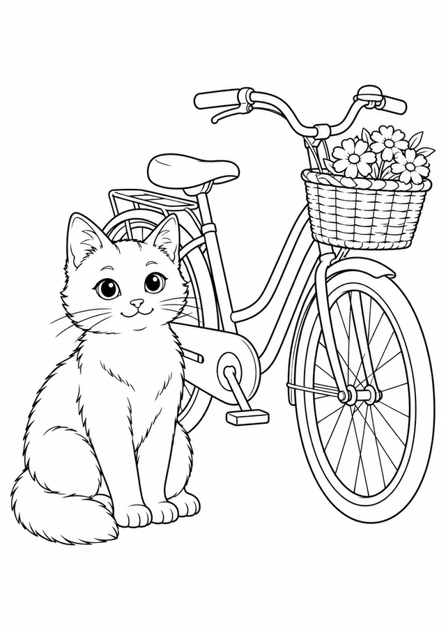 Chat près du vélo : dessin en noir et blanc à colorier