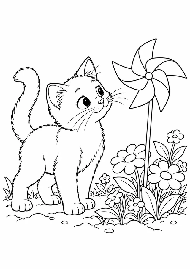 Chat et moulin à vent : dessin en noir et blanc à colorier