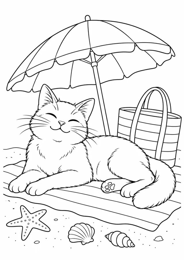 Chat sous le parasol : dessin en noir et blanc à colorier