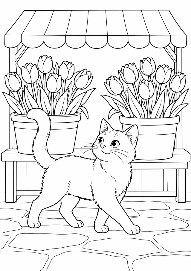 Chat au marché aux fleurs : dessin en noir et blanc à colorier