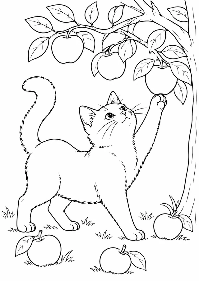 Chat dans le verger : dessin en noir et blanc à colorier