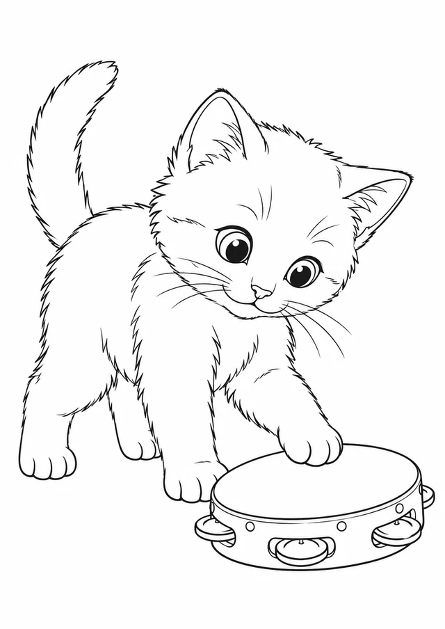 Chat et tambourin : dessin en noir et blanc à colorier