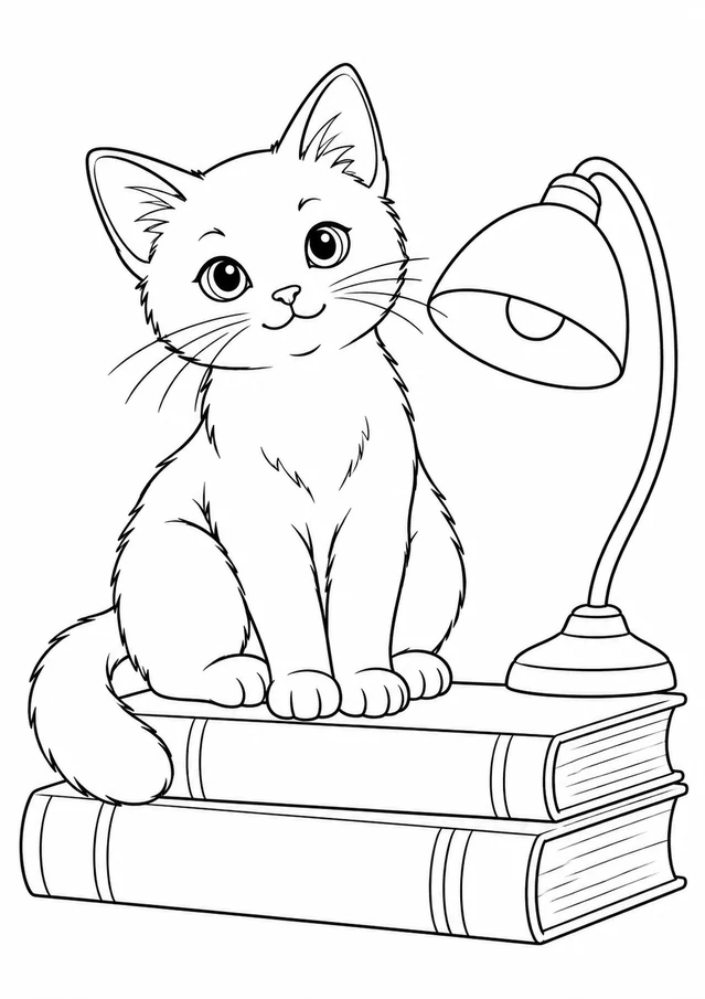 Chat sur les livres : dessin en noir et blanc à colorier