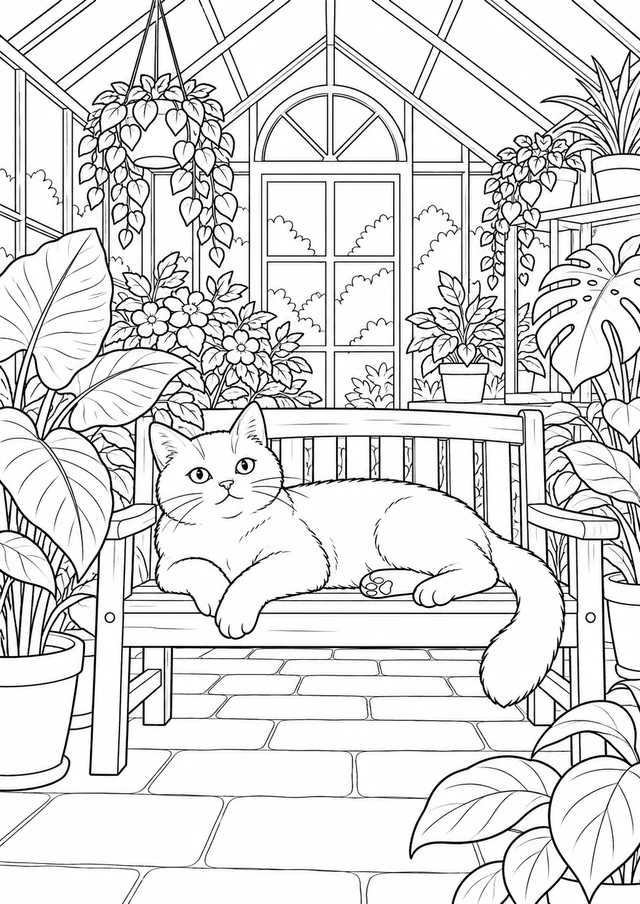 Chat dans la serre : dessin en noir et blanc à colorier