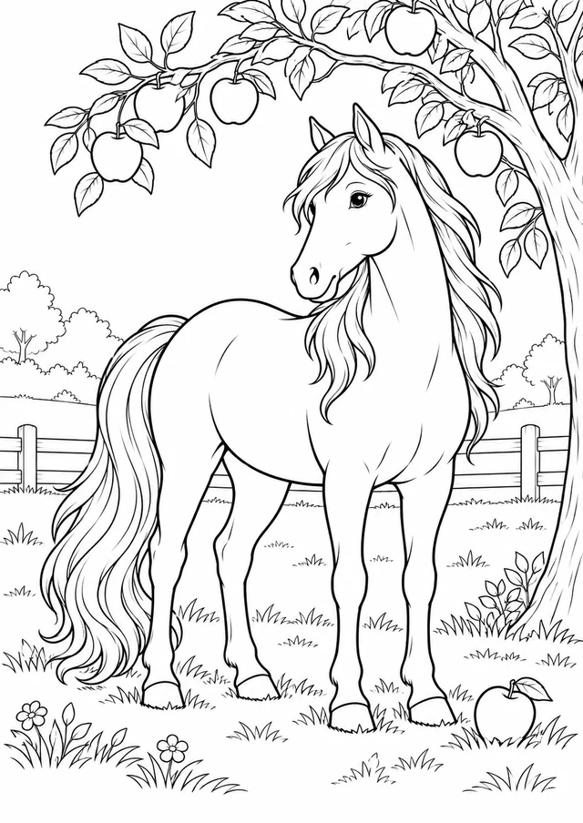Cheval dans le verger : dessin en noir et blanc à colorier