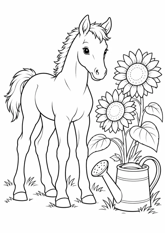 Poulain et arrosoir : dessin en noir et blanc à colorier