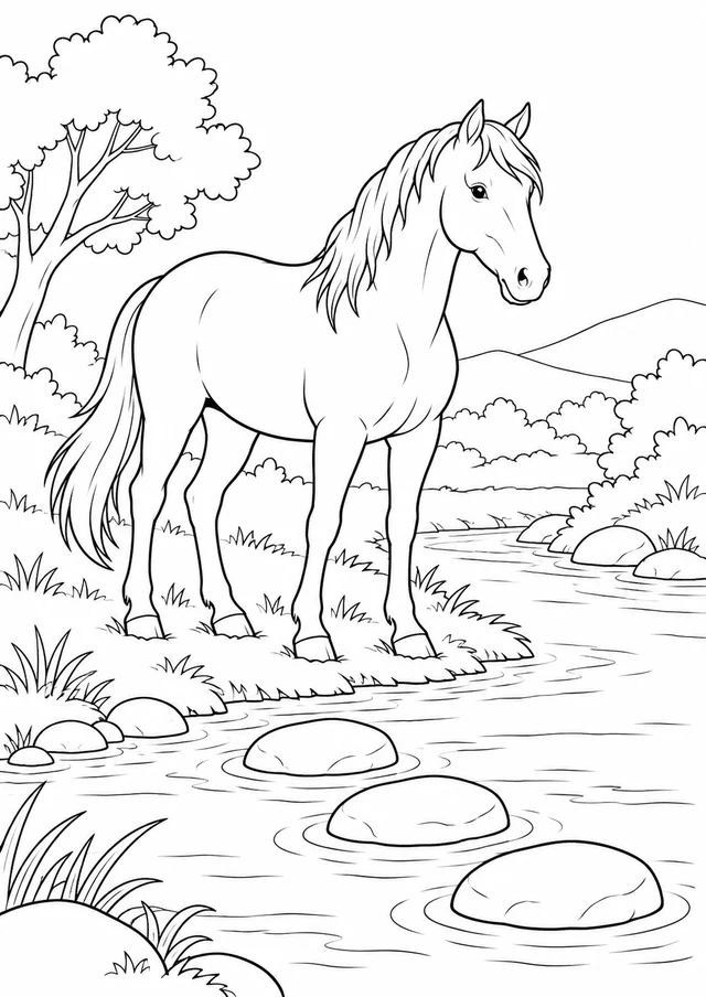 Cheval près de la rivière : dessin en noir et blanc à colorier