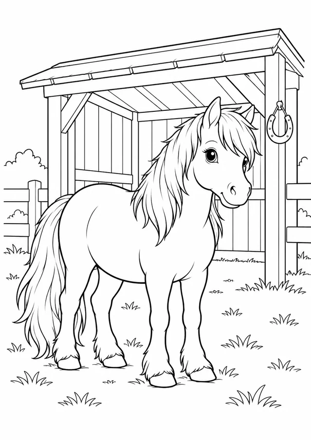 Poney et cabane : dessin en noir et blanc à colorier