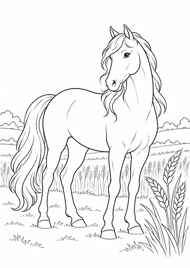 Cheval au bord du champ : dessin en noir et blanc à colorier
