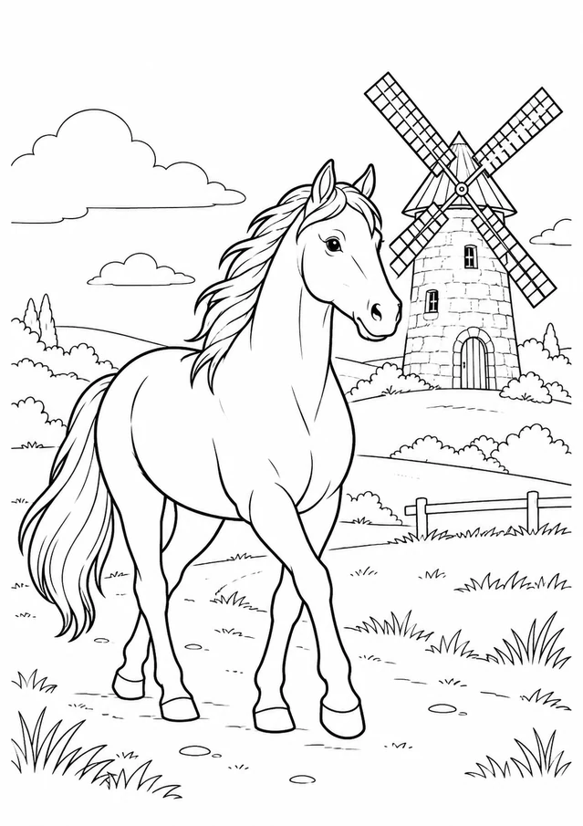 Cheval et moulin : dessin en noir et blanc à colorier