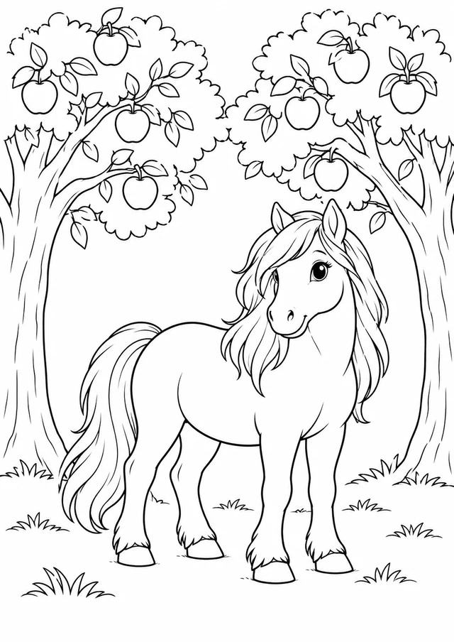Poney sous les pommiers : dessin en noir et blanc à colorier