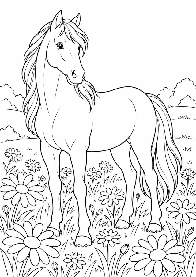 Cheval au pré fleuri : dessin en noir et blanc à colorier