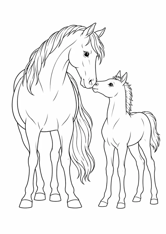 Poulain et sa mère : dessin en noir et blanc à colorier