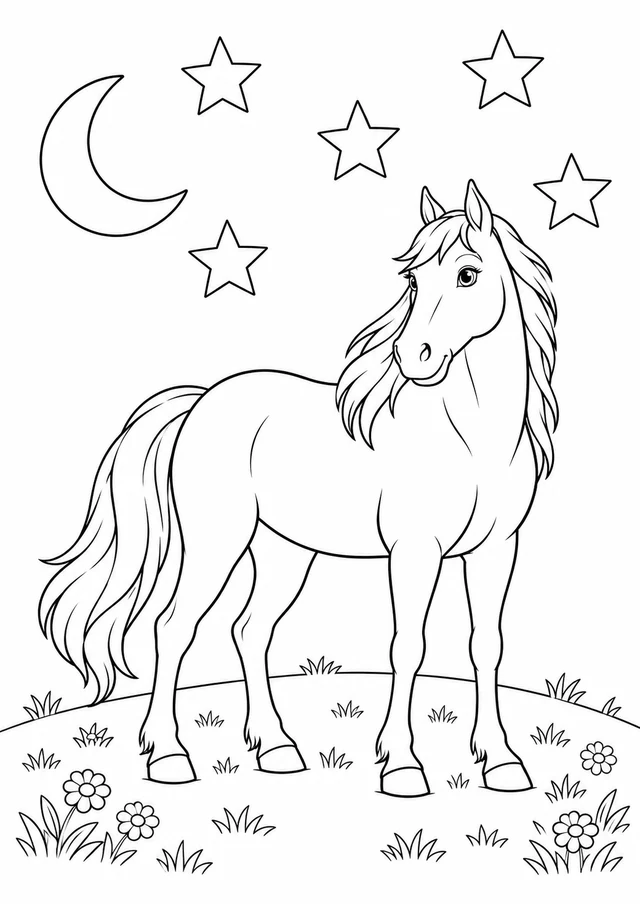Cheval sous les étoiles : dessin en noir et blanc à colorier