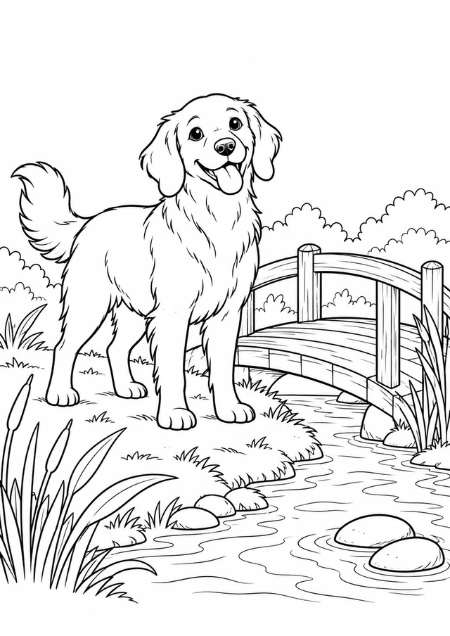 Chien au petit pont : dessin en noir et blanc à colorier