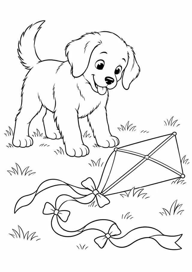 Chiot et cerf-volant : dessin en noir et blanc à colorier