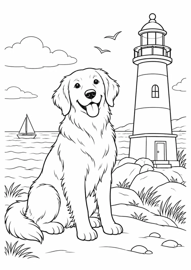 Chien au phare : dessin en noir et blanc à colorier
