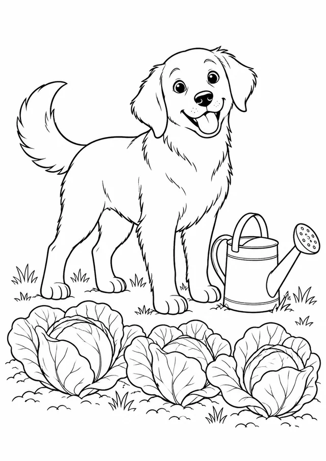 Chien au potager : dessin en noir et blanc à colorier