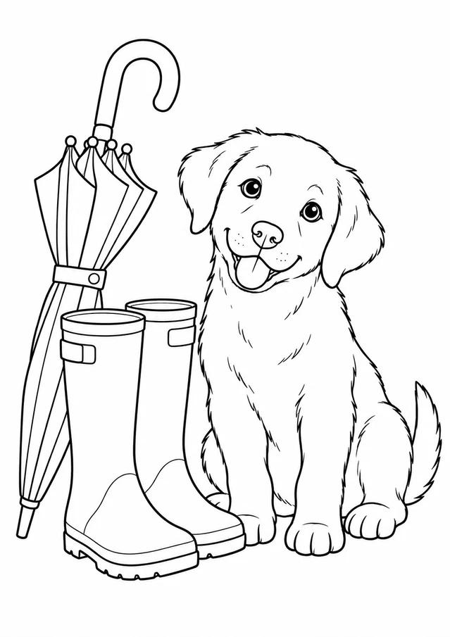 Chiot et bottes de pluie : dessin en noir et blanc à colorier