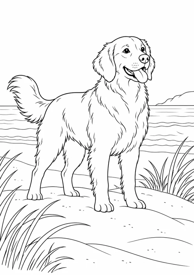 Chien dans les dunes : dessin en noir et blanc à colorier
