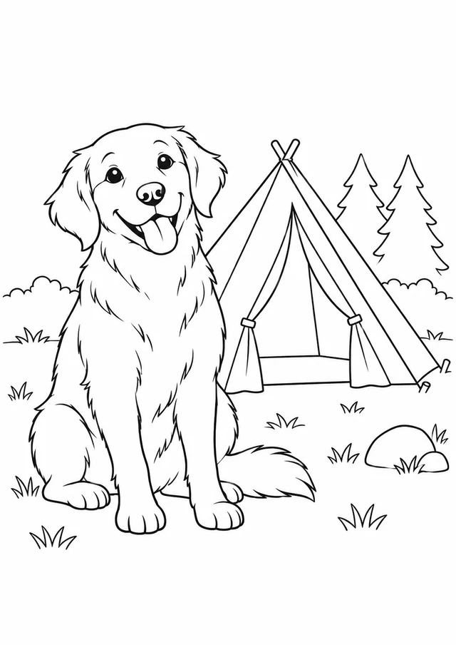 Chien au camping : dessin en noir et blanc à colorier