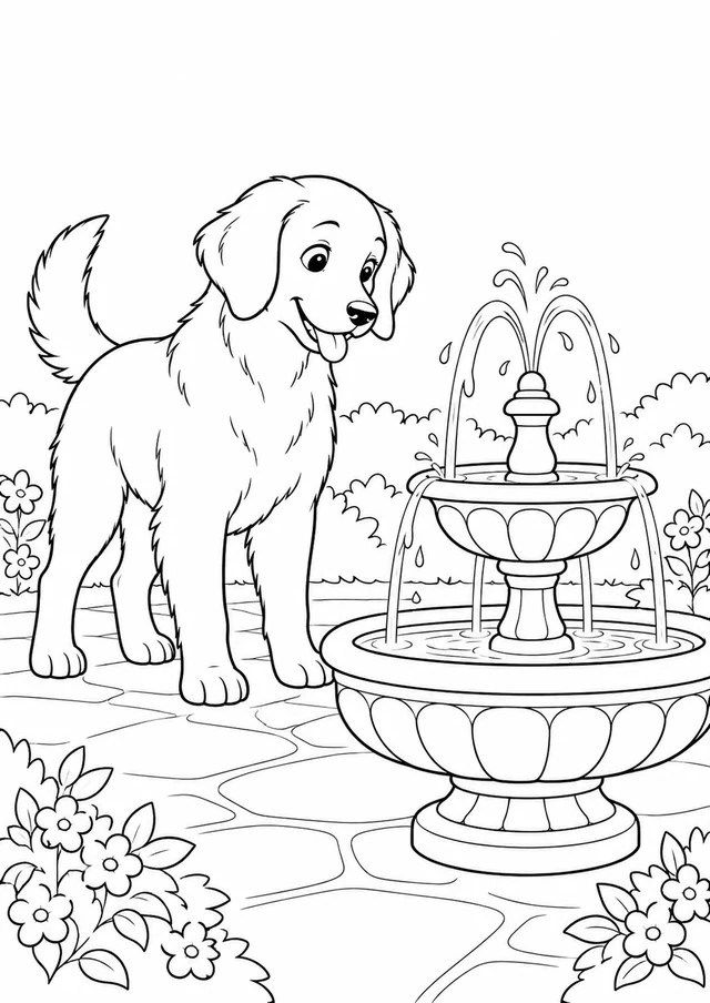 Chien près de la fontaine : dessin en noir et blanc à colorier