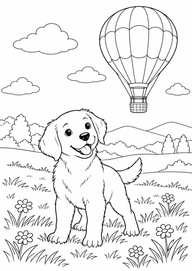 Chiot et montgolfière : dessin en noir et blanc à colorier