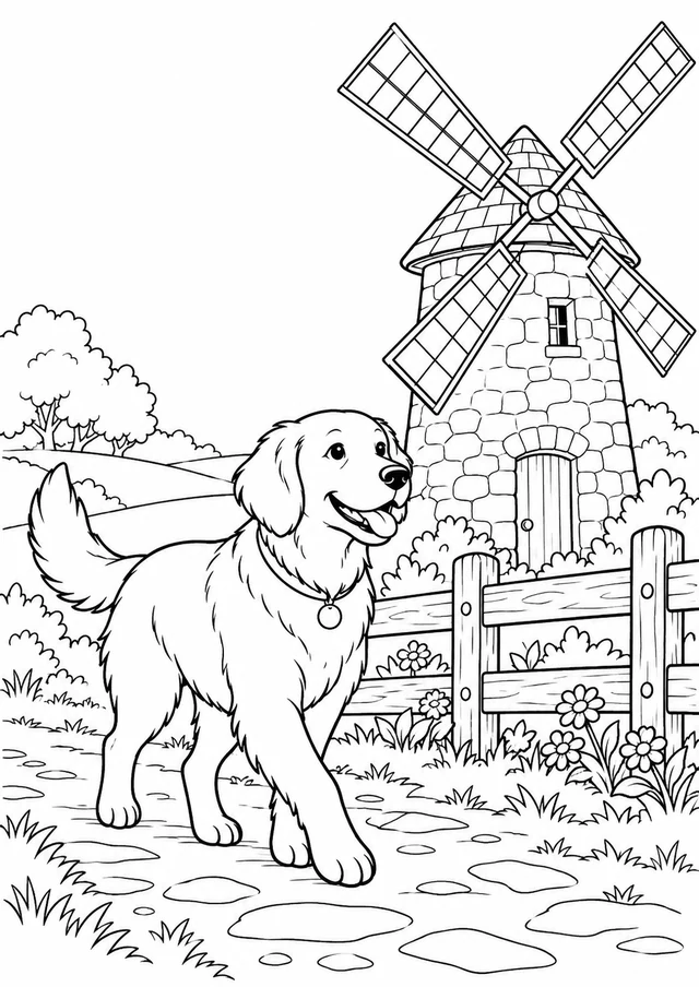 Chien au moulin : dessin en noir et blanc à colorier