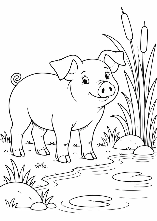 Cochon près de la mare : dessin en noir et blanc à colorier
