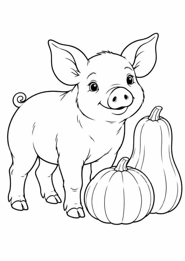 Porcelet et courges : dessin en noir et blanc à colorier