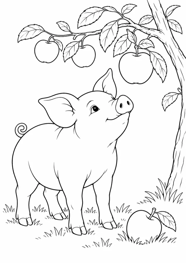 Cochon près du pommier : dessin en noir et blanc à colorier