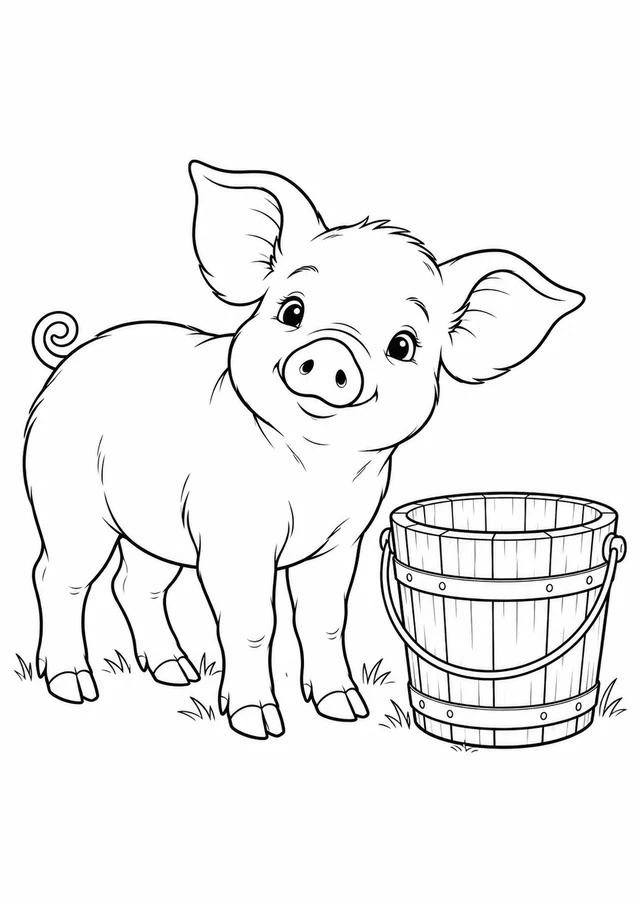 Porcelet et seau : dessin en noir et blanc à colorier
