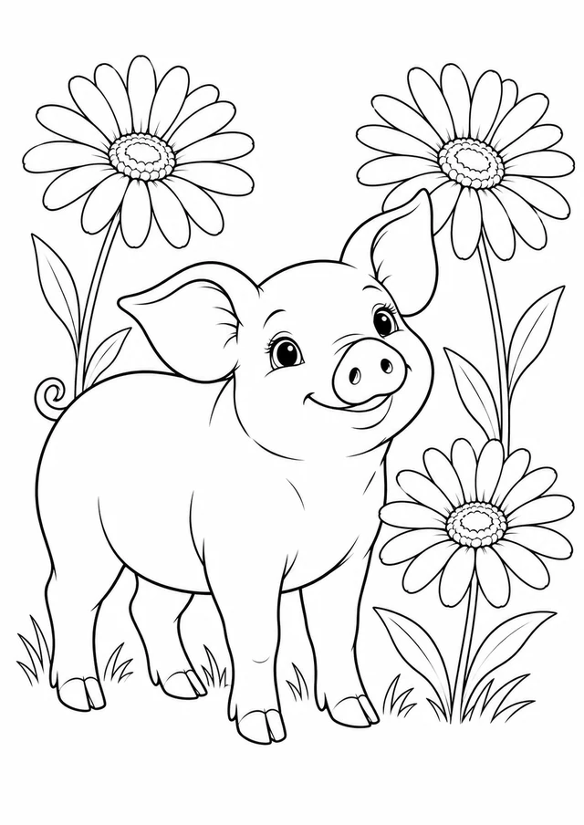 Cochon au pré fleuri : dessin en noir et blanc à colorier