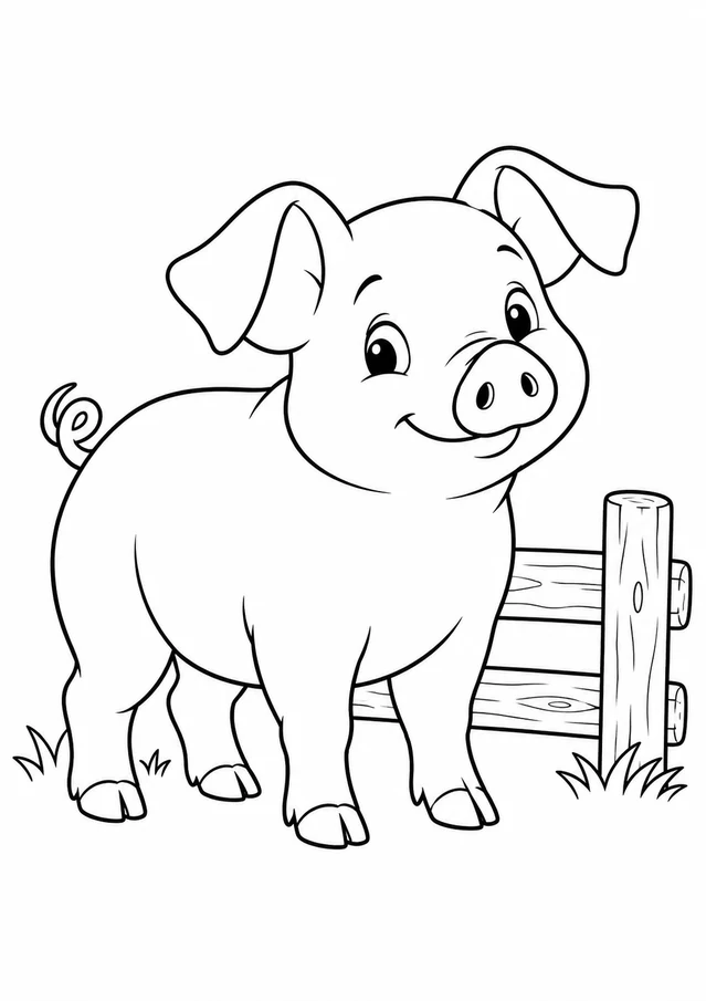 Cochon près de la clôture : dessin en noir et blanc à colorier