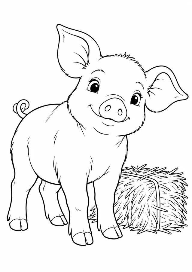 Porcelet et botte de paille : dessin en noir et blanc à colorier