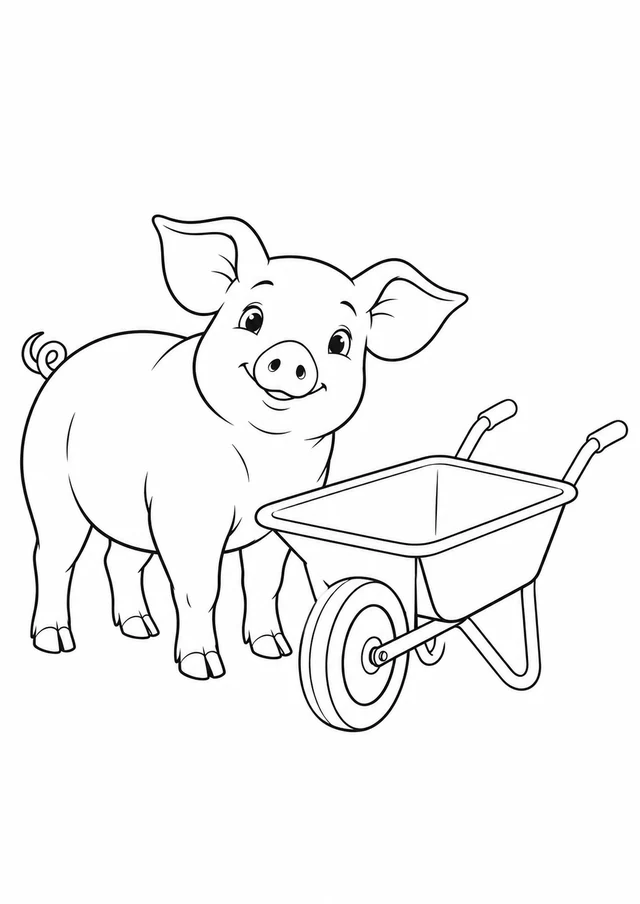 Cochon et brouette : dessin en noir et blanc à colorier