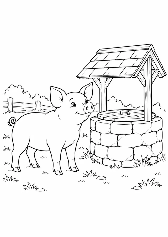 Cochon au vieux puits : dessin en noir et blanc à colorier