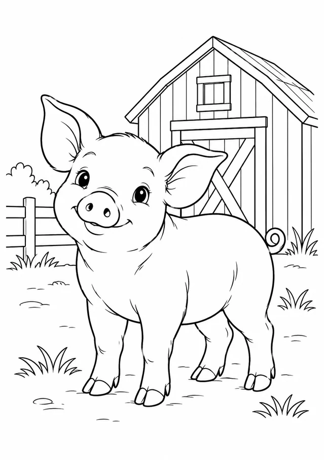 Porcelet près de la grange : dessin en noir et blanc à colorier