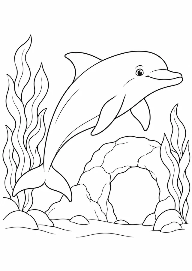 Dauphin et arche marine : dessin en noir et blanc à colorier