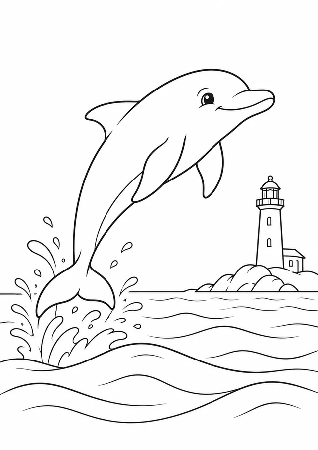 Dauphin près du phare : dessin en noir et blanc à colorier