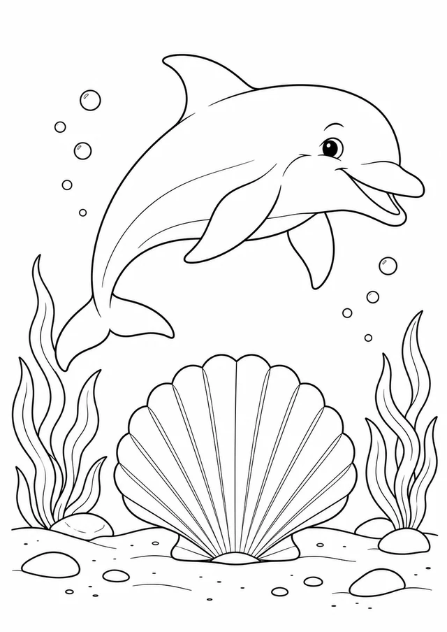 Dauphin et coquillage : dessin en noir et blanc à colorier