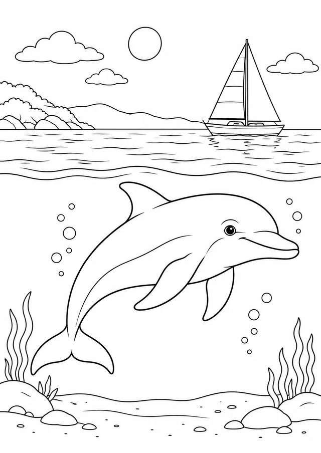 Dauphin dans la baie : dessin en noir et blanc à colorier
