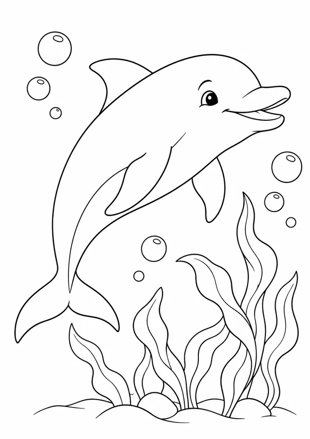 Dauphin et algues : dessin en noir et blanc à colorier