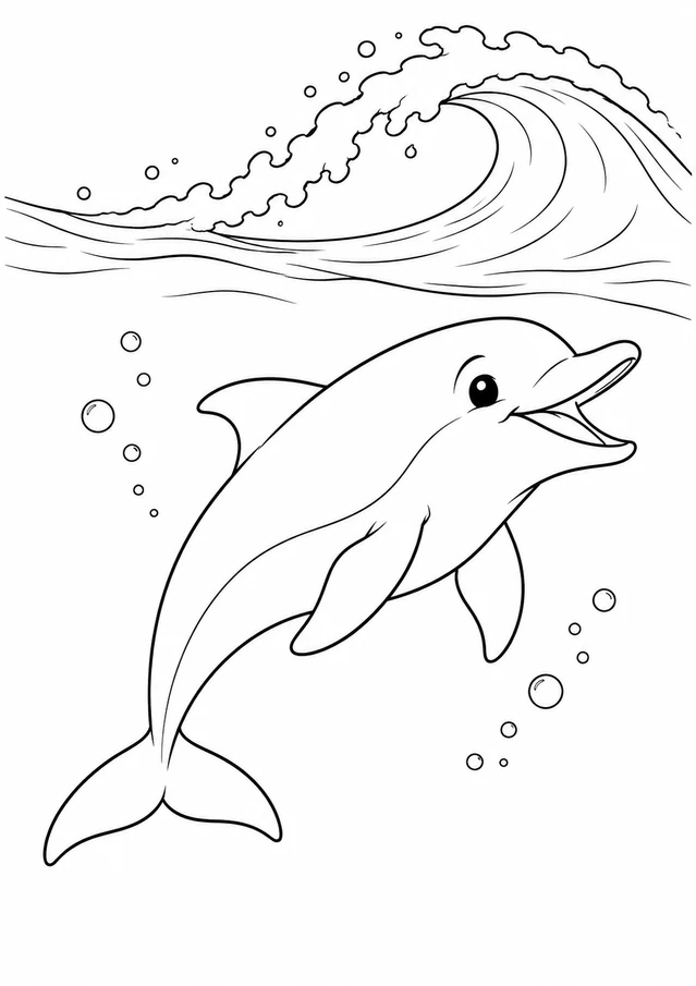 Dauphin sous les vagues : dessin en noir et blanc à colorier