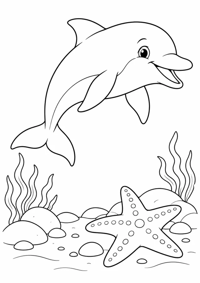 Dauphin et étoile de mer : dessin en noir et blanc à colorier