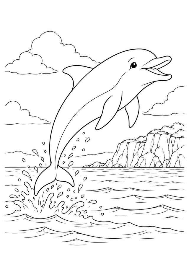 Dauphin et falaise : dessin en noir et blanc à colorier
