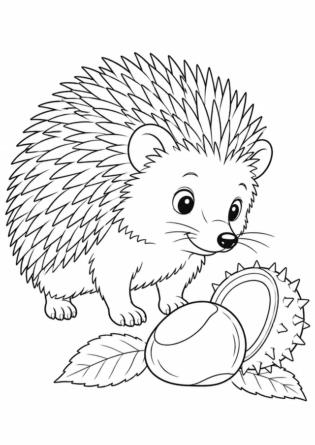 Hérisson et châtaigne : dessin en noir et blanc à colorier