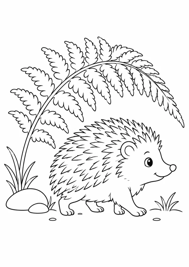 Hérisson sous la fougère : dessin en noir et blanc à colorier
